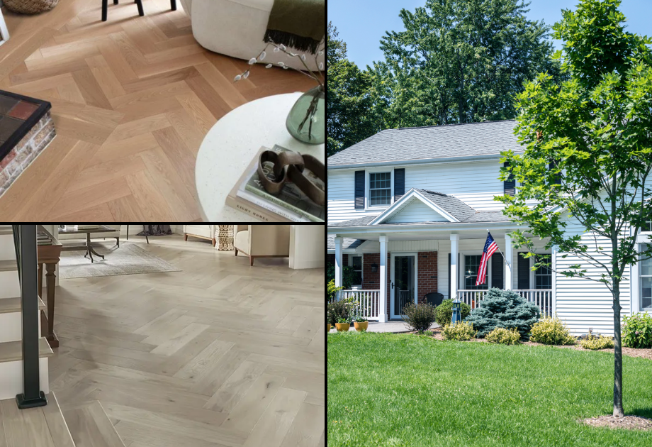 composite image showing a colonial inspired home alongside interior views of herringbone flooring